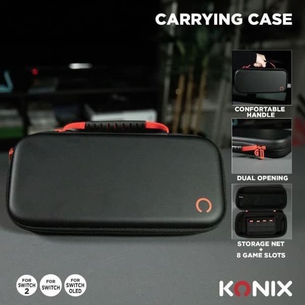 Skydds- och transportväska - KONIX - Nintendo Switch 2-konsol - Ficka för tillbehör - 8 fack för spel - Svart