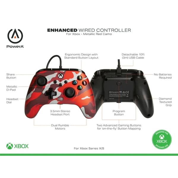 Red Metallic Camo PowerA Enhanced Wired Controller for Xbox Series S/X