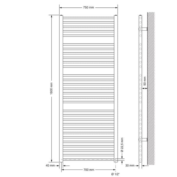 Radiator Handduk ECD Germany Modell Sahara 750 x 1800 mm vit rak med sidoanslutning handdukshängare