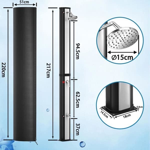 XMTECH Solardusch 35L, Soluppvärmd dusch med duschhuvud och fotdusch, inkl. Skyddsöverdrag, Silver
