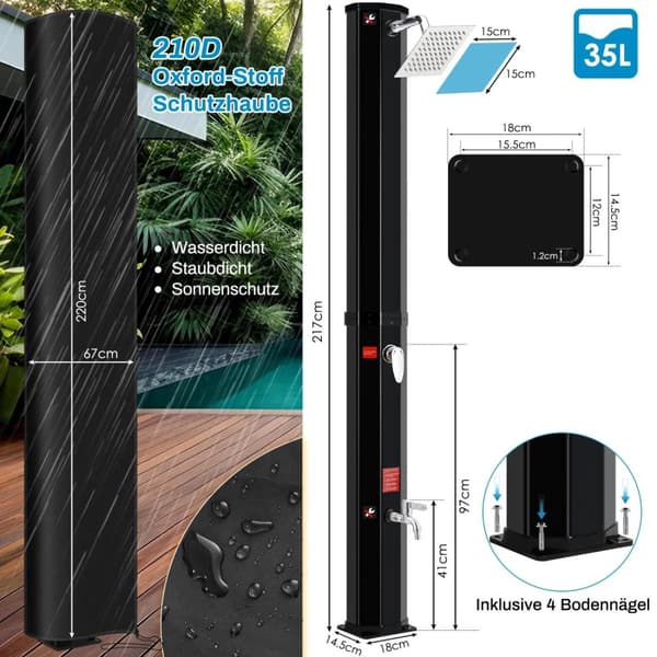 Solbruserkolonne, gulvstående design, vandfaldsregn-funktion, 40L Sort Sølv