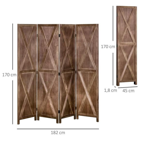 Rootz Interior Screen 4 Panels - Room Divider - Privacy Screen - Country -Chic Style - 182 x 170 cm - Walnut Finish