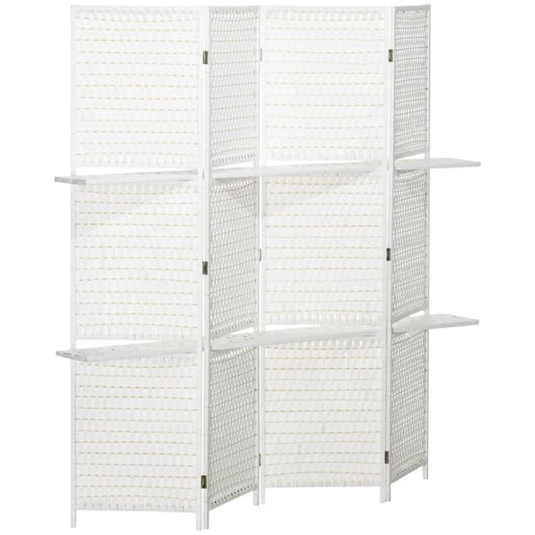 Rootz 4 Panel Room Divider - Privatlivsskærm - Bærbar partition - Forbedrer boligindretning - 181L x 180H cm - 2 hylder, sammenfoldelig, hvid halm fin