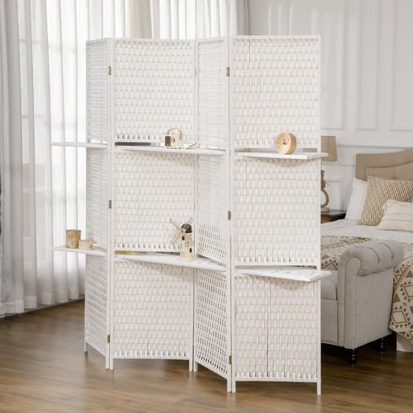 Rootz 4 Panel Room Divider - Privatlivsskærm - Bærbar partition - Forbedrer boligindretning - 181L x 180H cm - 2 hylder, sammenfoldelig, hvid halm fin