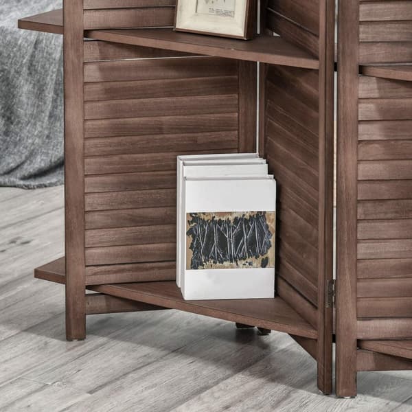 Rootz Wood Screen 4 Panel Room Divider - Foldbar privatlivsskærm - Interiør partition - Rustik valnøddesign - 162 cm x 170 cm - 3 hylder inkluderet
