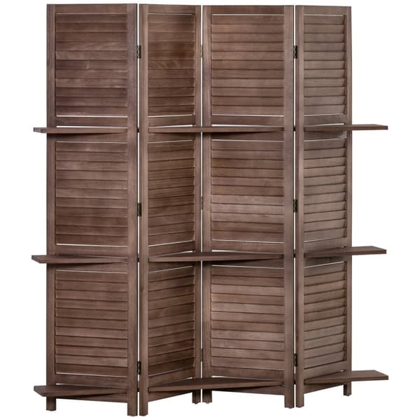 Rootz Wood Screen 4 Panel Room Divider - Foldbar privatlivsskærm - Interiør partition - Rustik valnøddesign - 162 cm x 170 cm - 3 hylder inkluderet