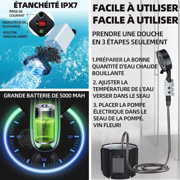 INN campingdusch 5200 mAh uppladdningsbar elektrisk duschpump med temperaturdisplay och powerdisplay