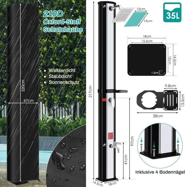 Aurinkolämmitetty suihku, säädettävä lämpötila, UV-kestävä materiaali,35L Hopea