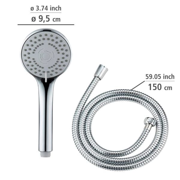WENKO Duschset BASIC | Handdusch + 150 cm Slang i Rostfritt Stål | Duschhuvud med 5 Strålar & Kalkavvisande Munstycken | Kromat | Ø9,5 cm