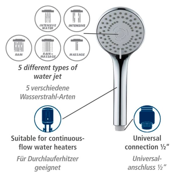 WENKO Duschset BASIC | Handdusch + 150 cm Slang i Rostfritt Stål | Duschhuvud med 5 Strålar & Kalkavvisande Munstycken | Kromat | Ø9,5 cm
