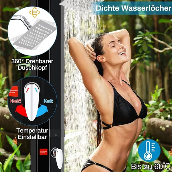 Soluppvärmd utomhusdusch, 360° duschhuvud, temperaturkontroll.