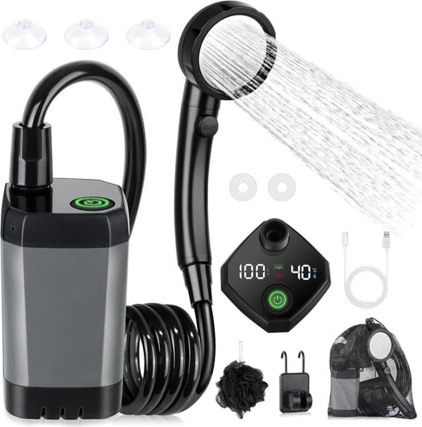 Lollanda Bärbar campingdusch / Portabel Campingdusch – uppladdningsbar USB, 6000mAh, Vattentät, för camping och utomhusbruk
