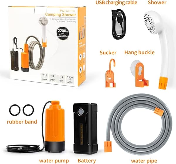 Portabel Campingdusch med Uppladdningsbar Elektrisk Pump för Strand, Camping, Trädgård och Vandring