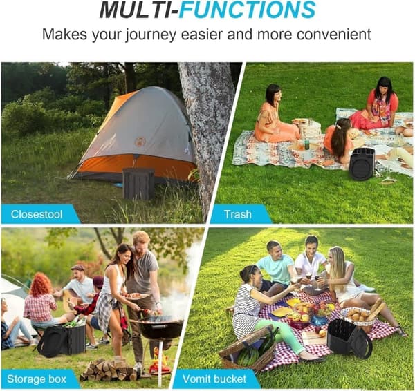 Lollanda Transportabelt Toilet Camping, Transportabelt Toilet – Foldbart, Multifunktionelt, Sort, til camping, vandreture og rejser