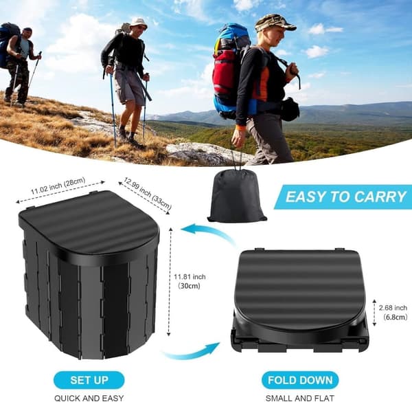 Lollanda Transportabelt Toilet Camping, Transportabelt Toilet – Foldbart, Multifunktionelt, Sort, til camping, vandreture og rejser