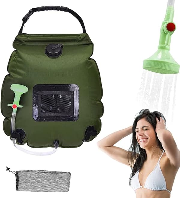 Solopvarmet campingbruser 20L – udendørs bruser med temperaturindikator, vandpose til vandreture og strand