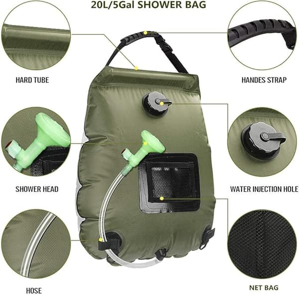 Solopvarmet campingbruser 20L – udendørs bruser med temperaturindikator, vandpose til vandreture og strand
