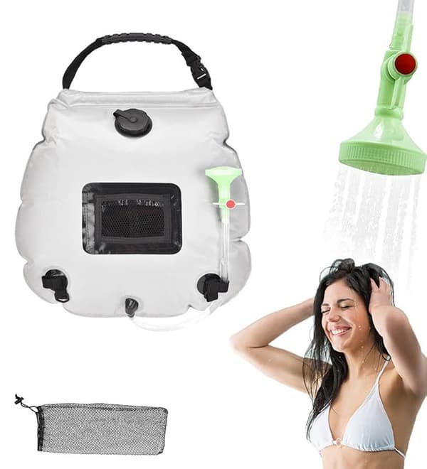 Solopvarmet campingbruser 20L – udendørs bruser med temperaturindikator, vandpose til vandreture og strand