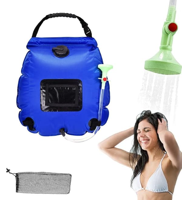 Solopvarmet campingbruser 20L – udendørs bruser med temperaturindikator, vandpose til vandreture og strand