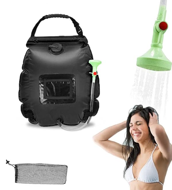 Solopvarmet campingbruser 20L – udendørs bruser med temperaturindikator, vandpose til vandreture og strand