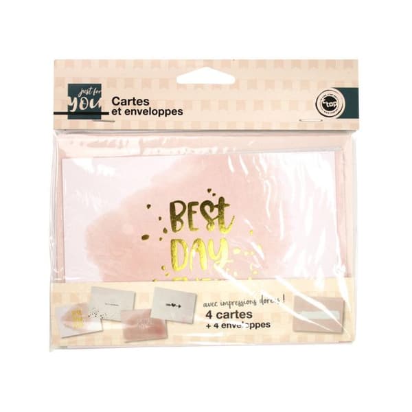 Illustrerad kort rosa, vit och guld med kuvert 4 stycken
