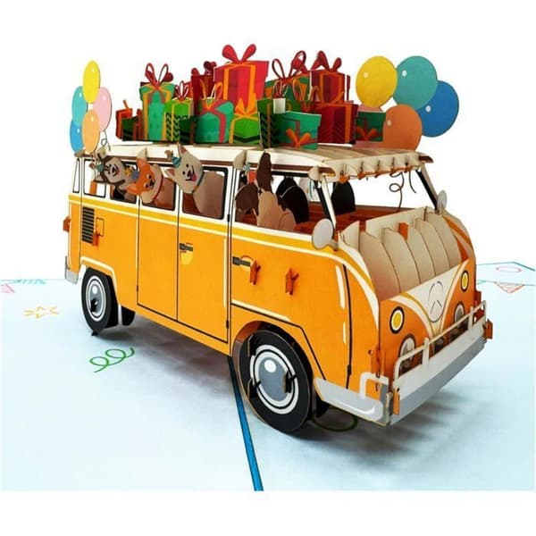 3D pop-up gratulationskort, festbuss med hundar, presenter och ballonger, handgjord