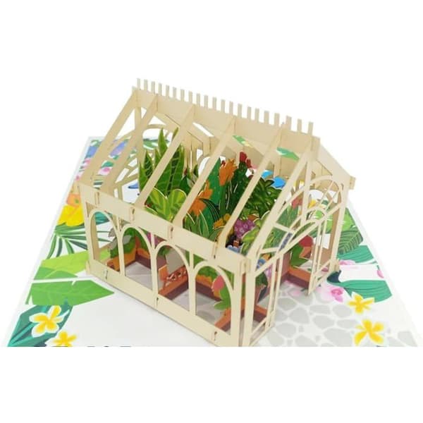 3D pop-up kort i form av ett växthus med blommor och fjärilar, födelsedags- och jubilépresentkort