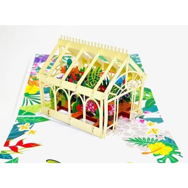 3D pop-up kort i form av ett växthus med blommor och fjärilar, födelsedags- och jubilépresentkort