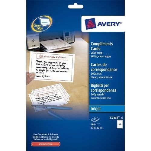 Anteckningskort - Avery - C2318-25 - Inkjet - Matt vit - 128x82mm - 100 kort