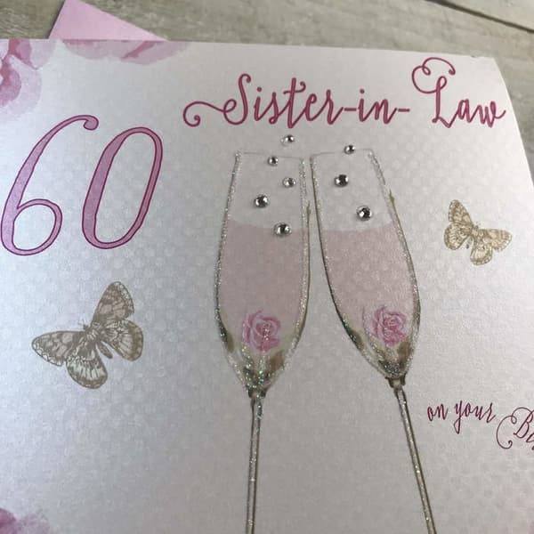 Vita bomullskort - SS42-SIL60 - Grattiskort för 60-årsdag Motiv med champagneglas och rosor Rosa