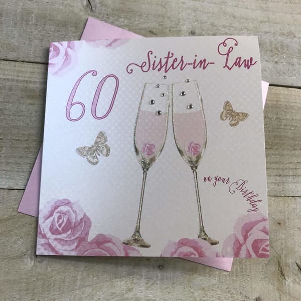 Vita bomullskort - SS42-SIL60 - Grattiskort för 60-årsdag Motiv med champagneglas och rosor Rosa