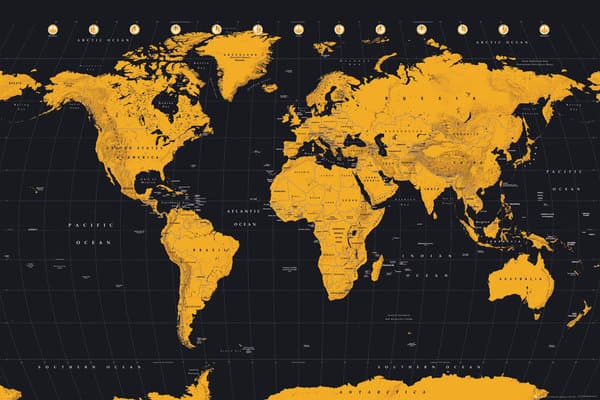 Världskarta -  Golden yellow World Map
