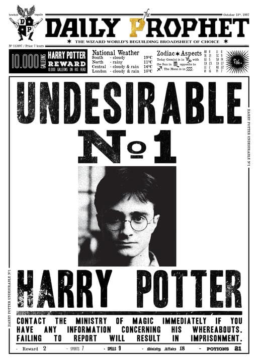 A3 Print - Harry Potter - Daily Prophet - Undesirable No 1
