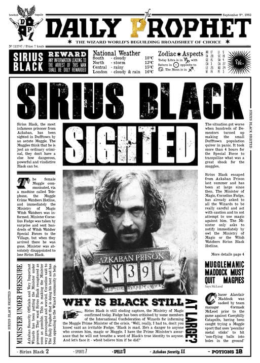 A3 Print - Harry Potter - Daily Prophet - Sirius Black
