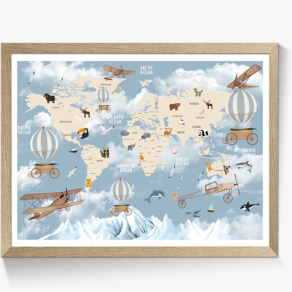 Barneplakat - Verdenskart i blått med dyr retro