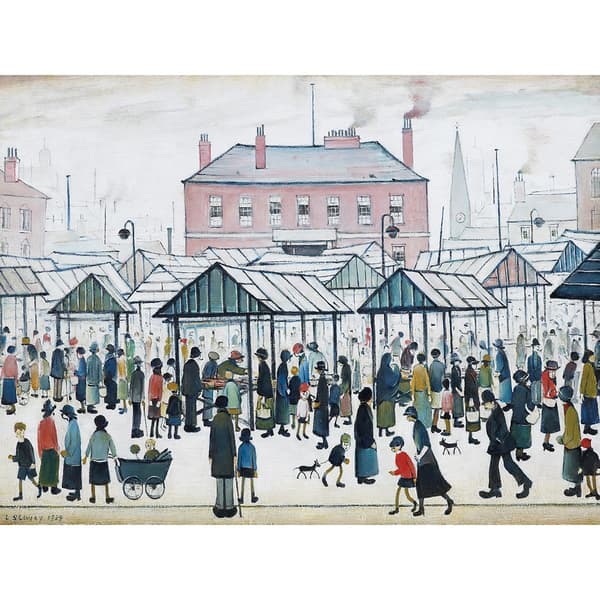 L.S. Lowry Market Scene Northern Town 1939 Framed Canvas Print Multicoloured 30cm x 40cm