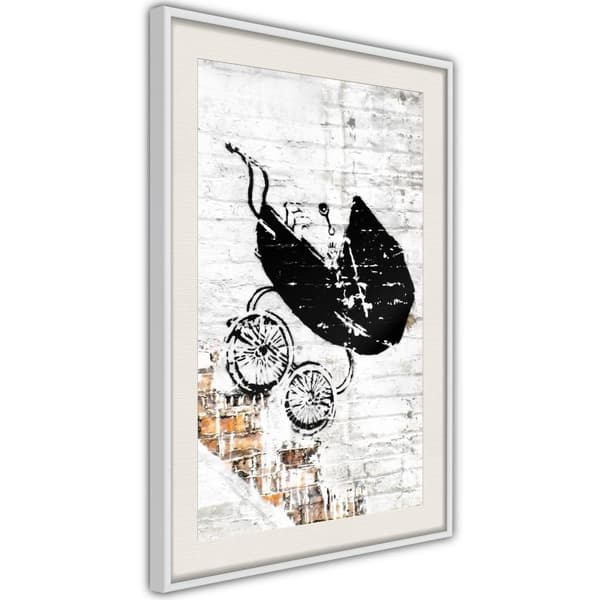 Inramad Poster / Tavla - Banksy: Baby Stroller Vit ram med passepartout 30x45