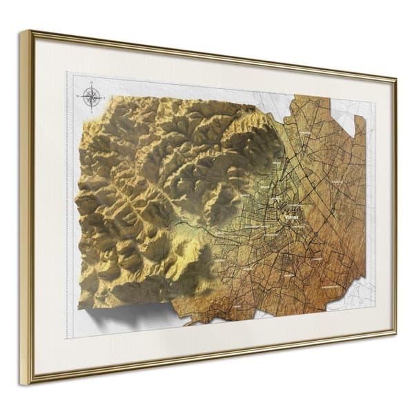 Inramad Poster / Tavla - Raised Relief Map: Vienna Guldram med passepartout 45x30