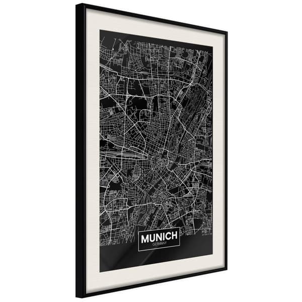 Inramad Poster / Tavla - City Map: Munich (Dark) Svart ram med passepartout 40x60