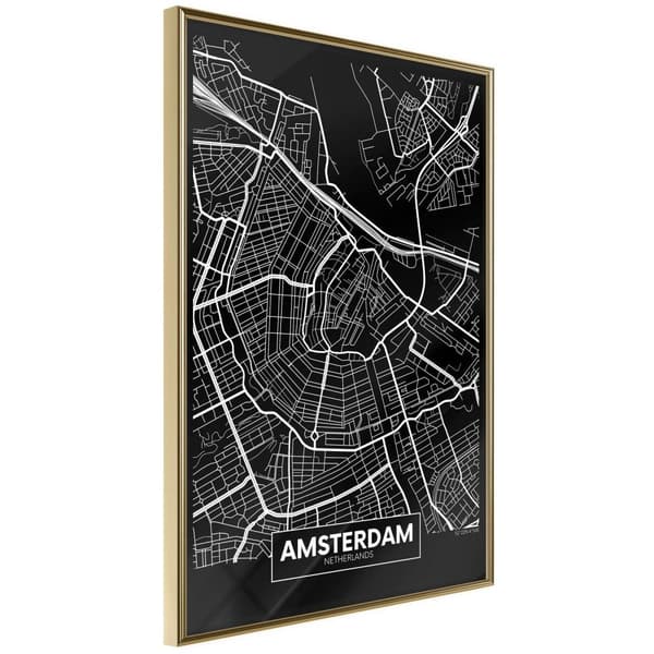 Inramad Poster / Tavla - City Map: Amsterdam (Dark)