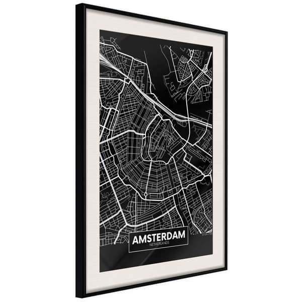Inramad Poster / Tavla - City Map: Amsterdam (Dark)