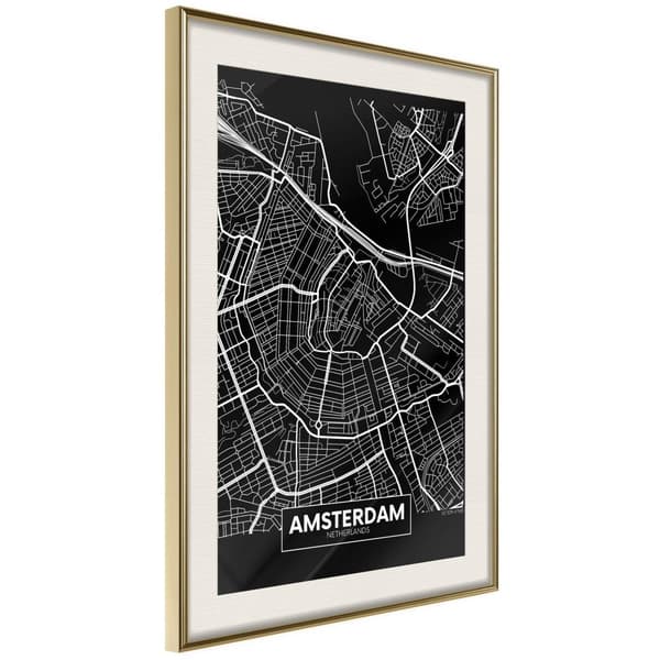 Inramad Poster / Tavla - City Map: Amsterdam (Dark)