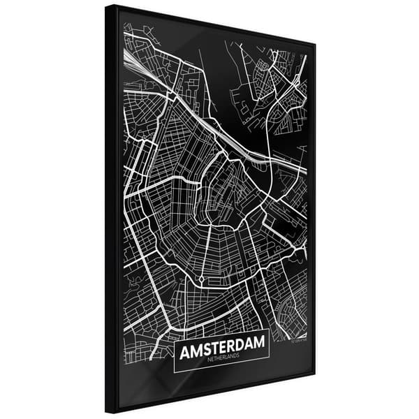 Inramad Poster / Tavla - City Map: Amsterdam (Dark) Svart ram 30x45