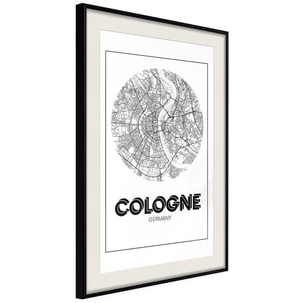 Inramad Poster / Tavla - City Map: Cologne (Round) Svart ram med passepartout 30x45