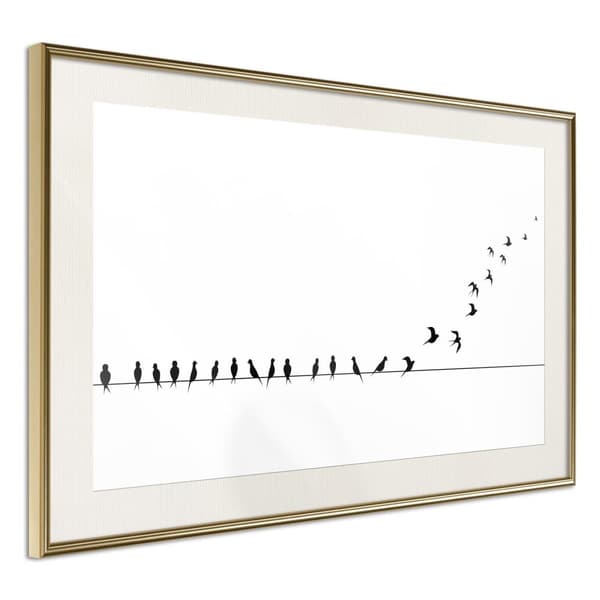 Inramad Poster / Tavla - Birds on a Wire Guldram med passepartout 60x40