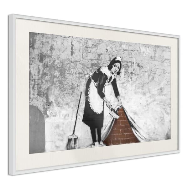 Inramad Poster / Tavla - Banksy: Sweep it Under the Carpet Vit ram med passepartout 45x30