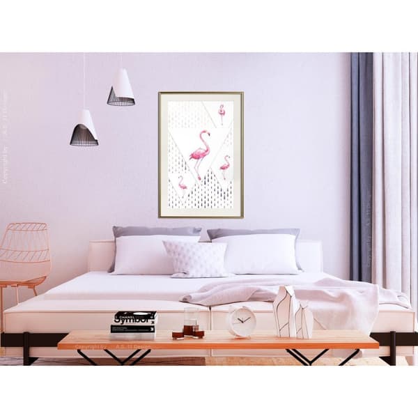 Inramad Poster / Tavla - Flamingos and Triangles