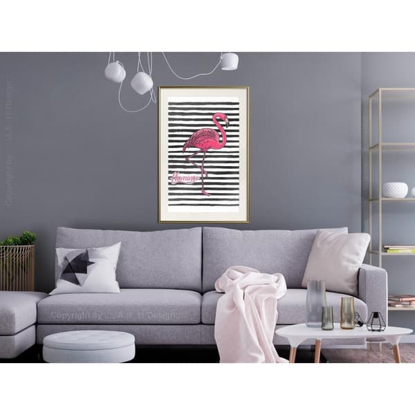 Inramad Poster / Tavla - Flamingo on Striped Background