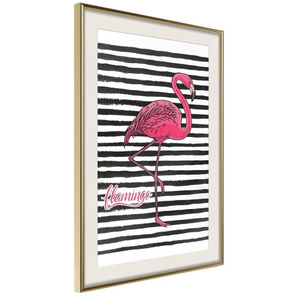Inramad Poster / Tavla - Flamingo on Striped Background