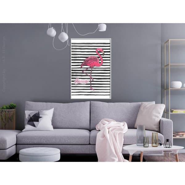 Inramad Poster / Tavla - Flamingo on Striped Background